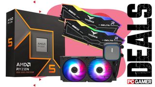 An image showing a collage of PC components (CPU, DRAM, and cooler) against a colorful background, with the phrase 'Deals' on the right side, above a PC Gamer logo