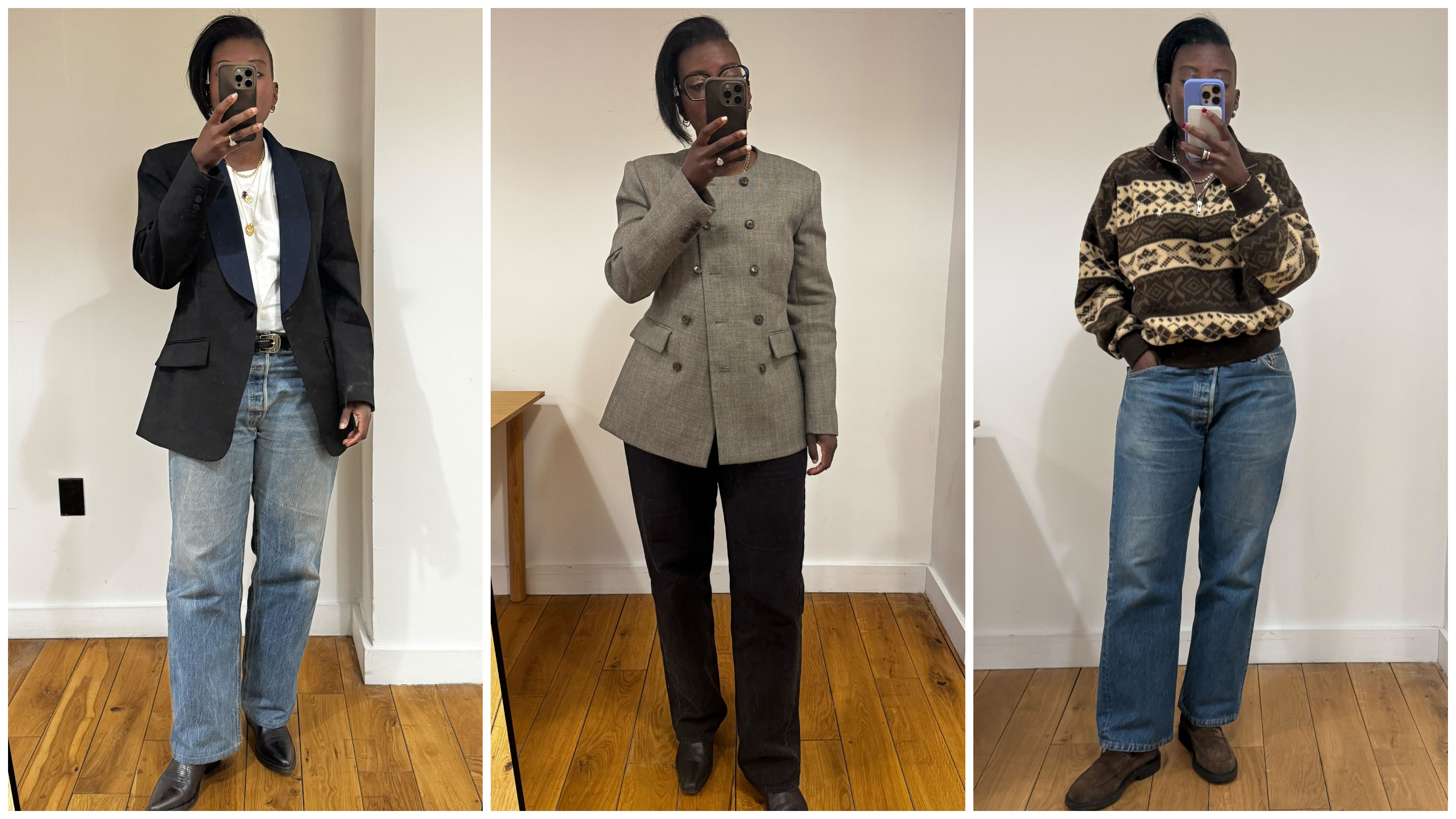 collage of Nikki Ogunnaike wearing jeans