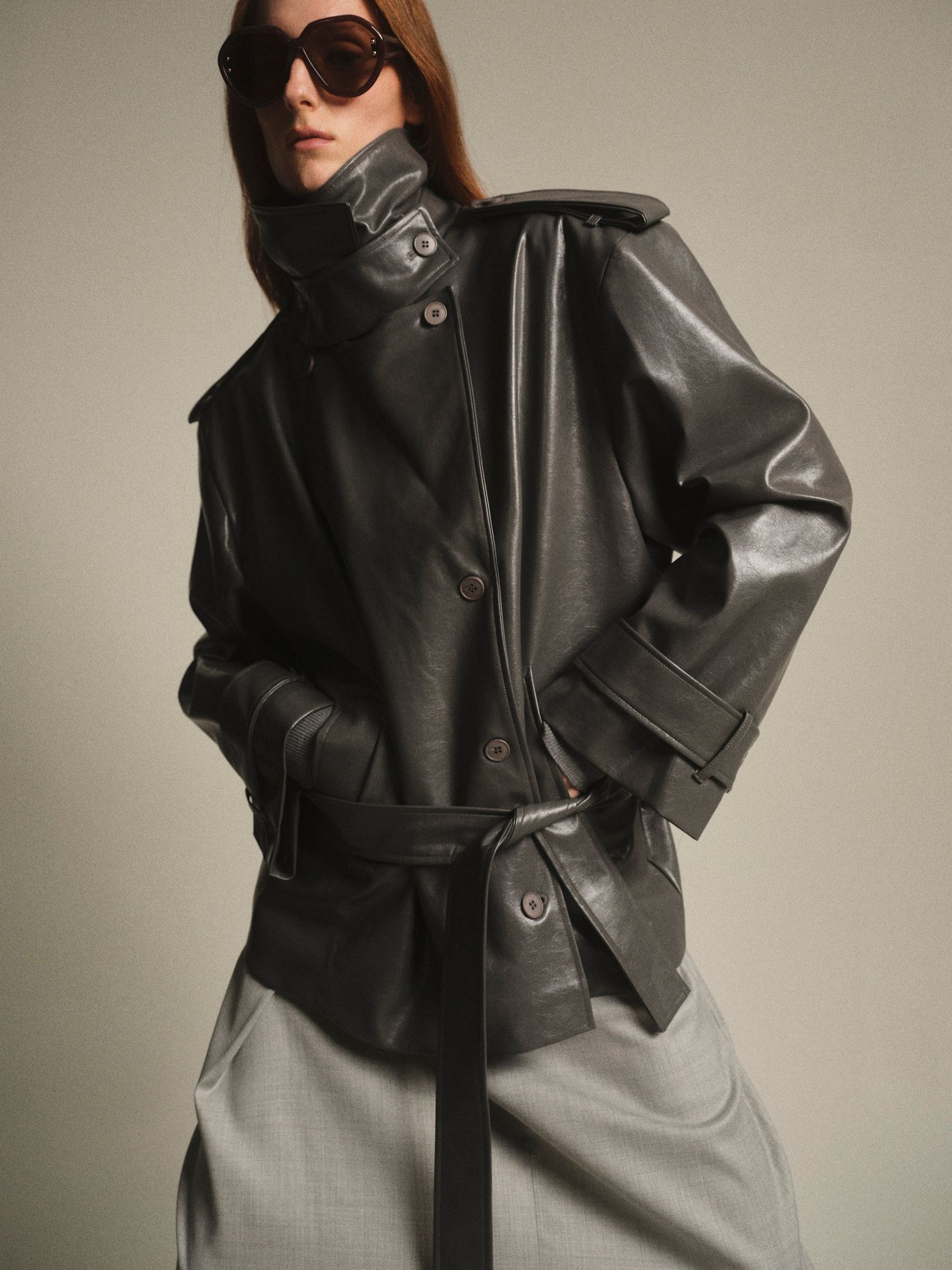 Faux-Leather Short Trench, Grey