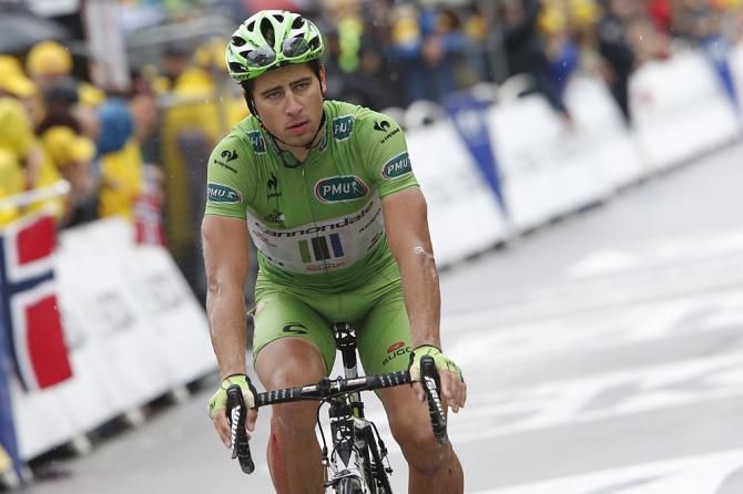 A sad Peter Sagan (Cannondale) limps home after crashing with 2.9km to go