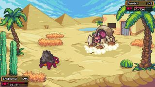 Best Pokemon games - Coromon - And Embauol and Santril prepare to fight one another in a desert.