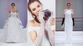 three models wearing opera gloves to illustrate the wedding dress trends 2023