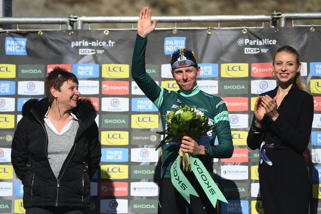 COL DE LA COUILLOLE FRANCE MARCH 11 Tadej Pogacar of Slovenia and UAE Team Emirates celebrates at podium as Green Points Jersey winner during the 81st Paris Nice 2023 Stage 7 a 1429km stage from Nice to La Col de la Couillole 1676m UCIWT ParisNice on March 11 2023 in La Col de la Couillole France Photo by Alex BroadwayGetty Images