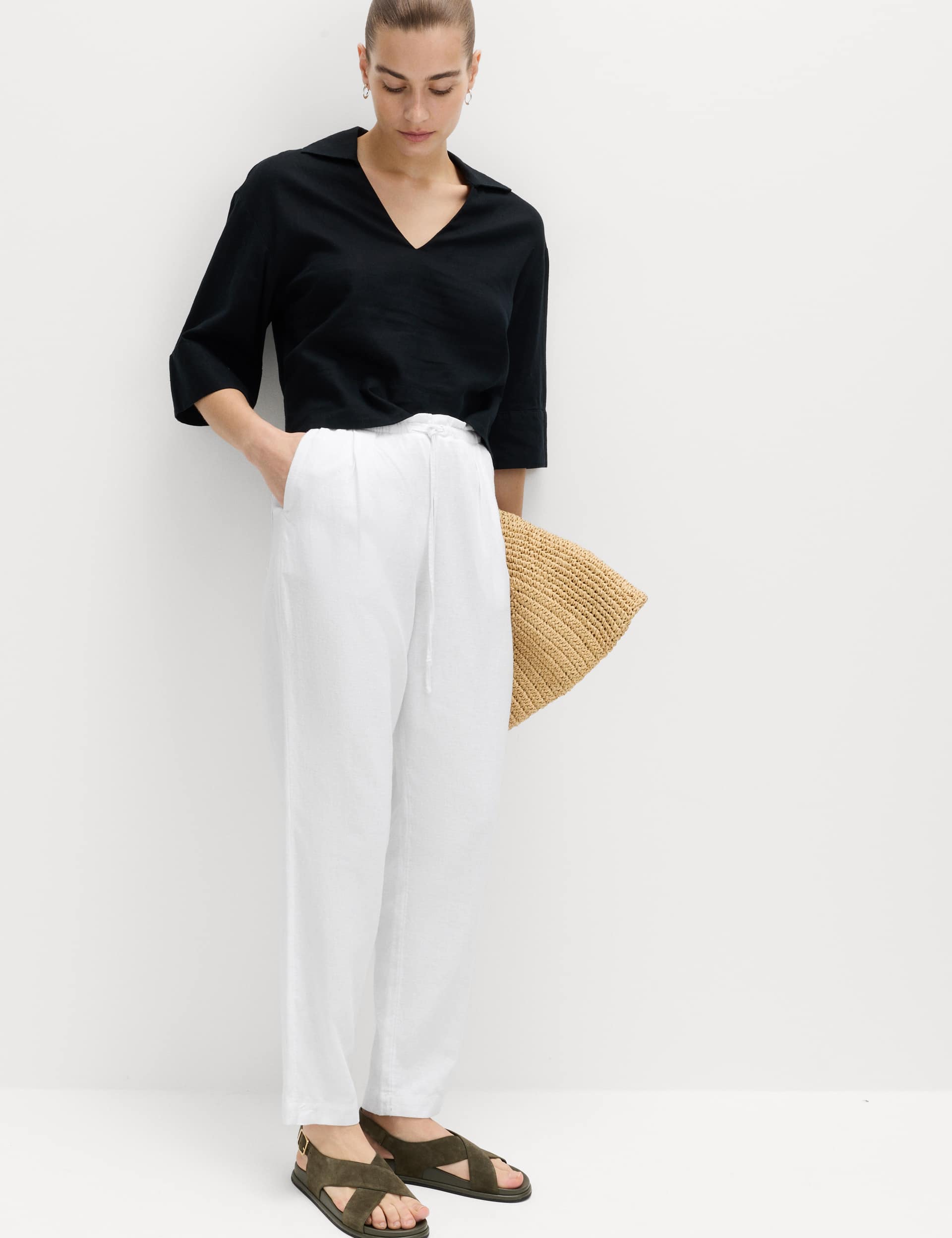 Linen Rich Elasticated Waist Tapered Trouser