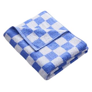 A blue and grey folded checkered towel