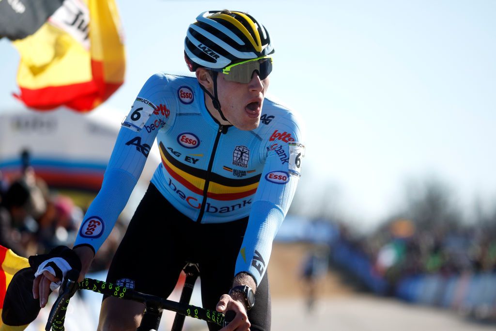 FAYETTEVILLE ARKANSAS JANUARY 29 Joran Wyseure of Belgium celebrates at finish line as race winner during the 73rd UCI CycloCross World Championships Fayetteville 2022 Mens U23 Fayetteville2022 on January 29 2022 in Fayetteville Arkansas Photo by Chris GraythenGetty Images