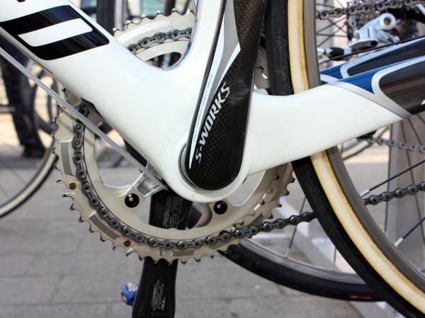 The down tube and chain stays on Specialized's Project Black frame join the bottom bracket lower than on the current Roubaix SL2.