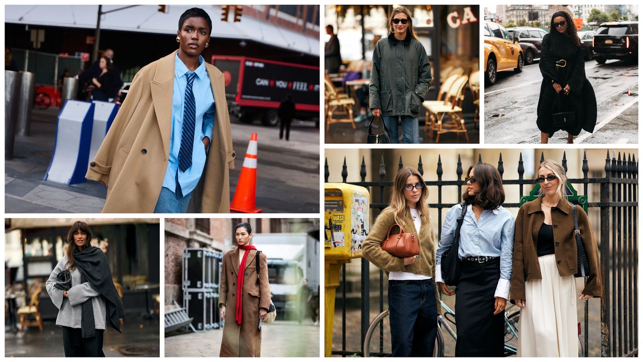 A six image image graphic of spring 2025 fashion month attendees in fall outfit ideas, like trench coats, sweaters, tan coats, barn jackets, black skirts, and leather jackets