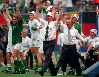 Jack Charlton and his Ireland staff celebrate victory over Italy at the 1994 World Cup.
