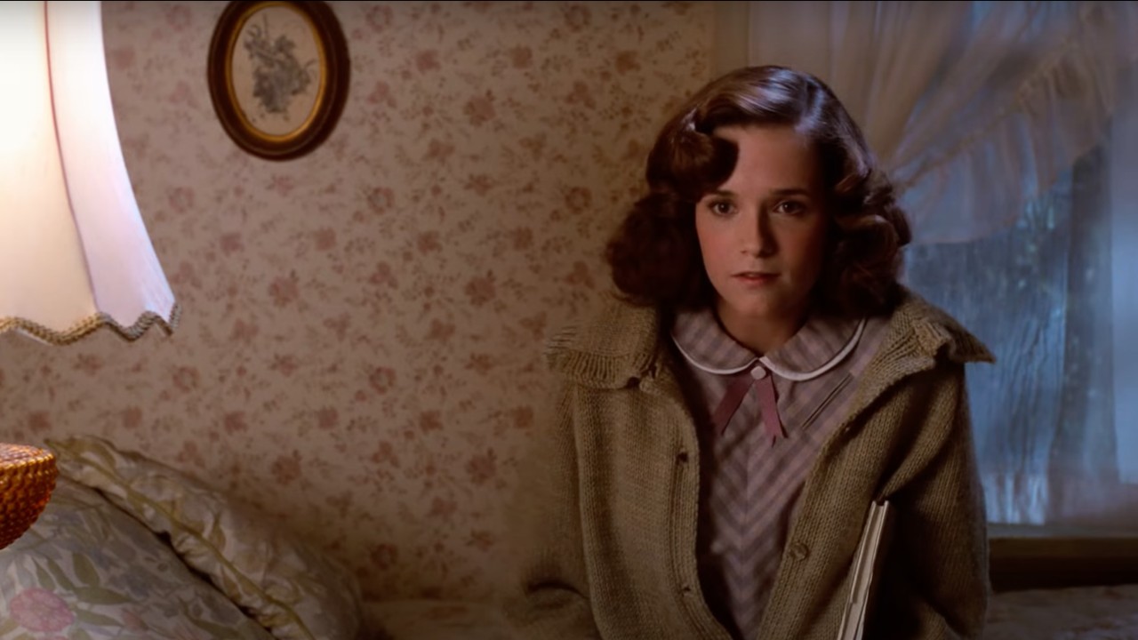 Lea Thompson in Back to the Future looking concerned and confused.