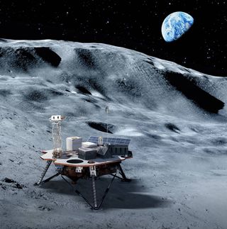 An illustration of a commercial lander that will carry NASA's science and technology payloads to the lunar surface so that astronauts can land on the moon by 2024.