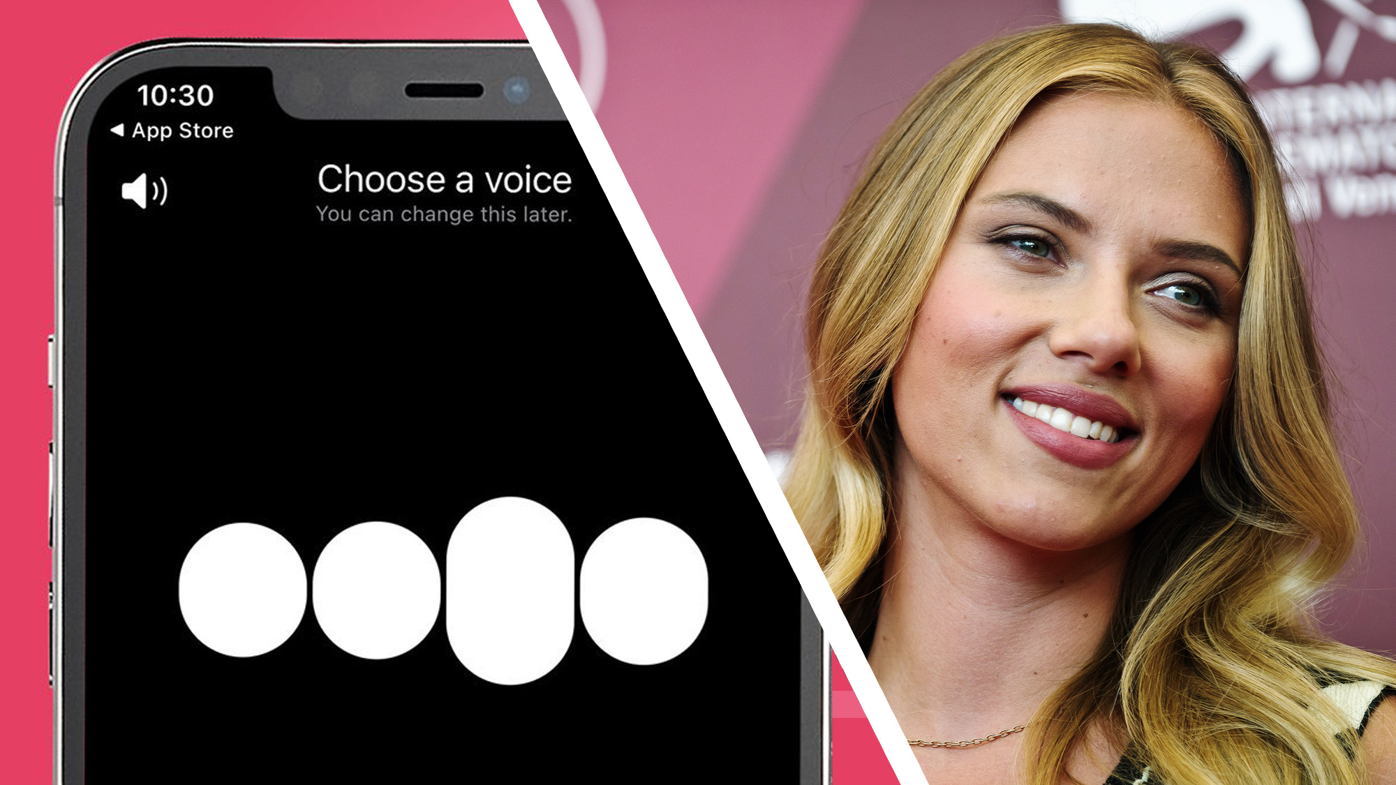 A phone with a pink background showing the ChatGPT app next to a photo of Scarlett Johansson