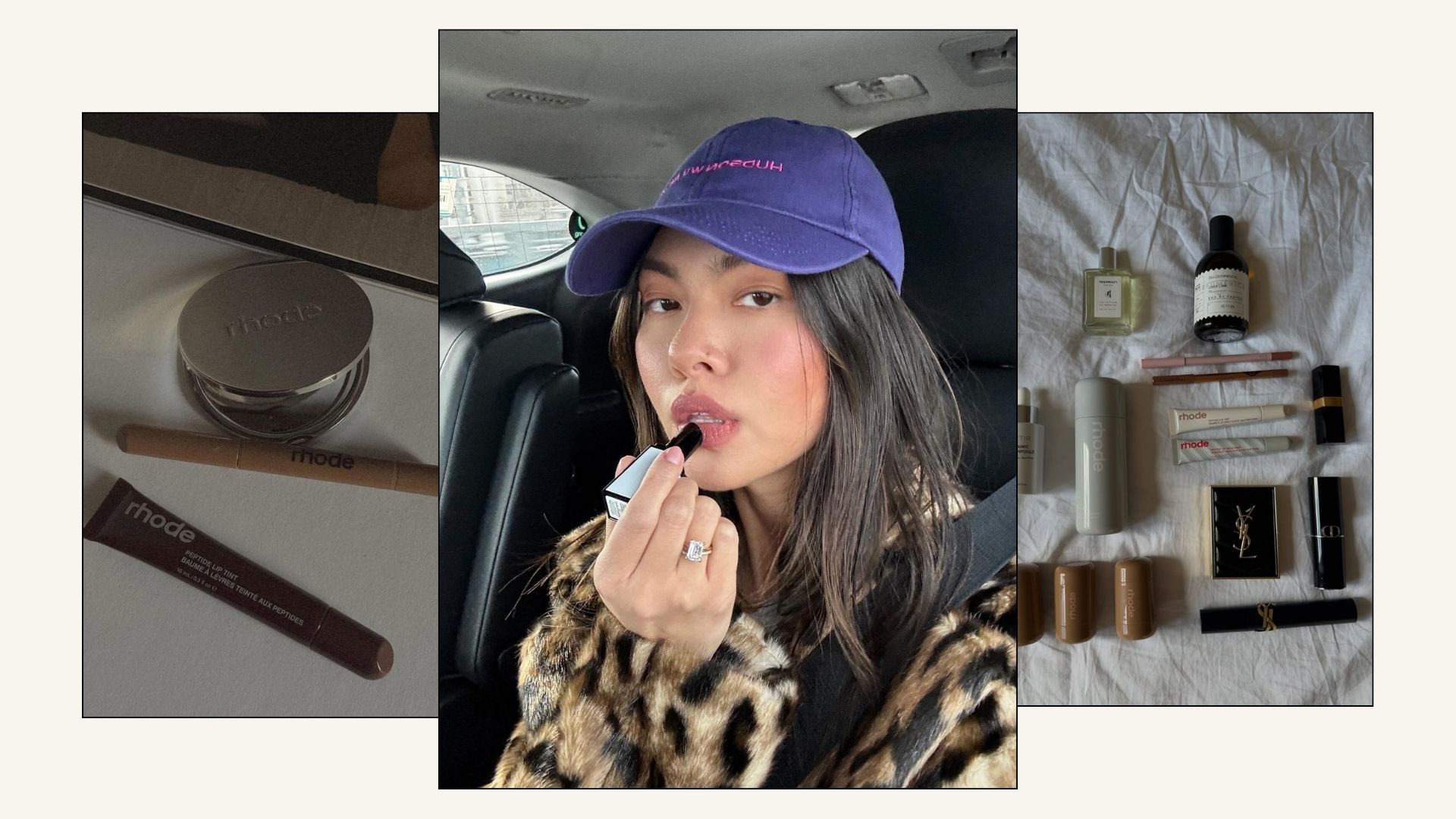 A collage containing an image of @mimixn applying lipstick and two lifestyle images created by @indiraci