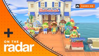 Some of the village gathers around with Tom Nook and Kapp'n's family in Animal Crossing: New Horizons for Nintendo Switch 2 celebrate the Resort Hotel opening - with the GamesRadar+ On the Radar branding frame