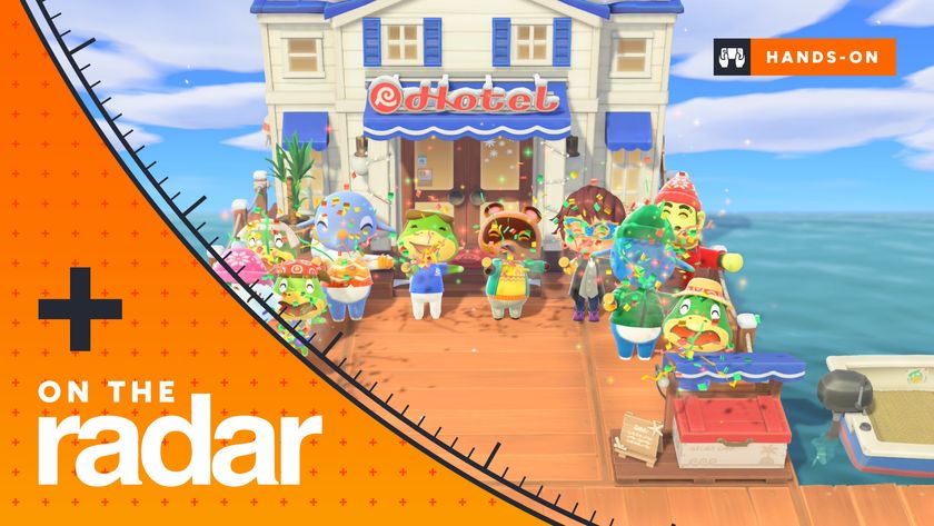 Some of the village gathers around with Tom Nook and Kapp'n's family in Animal Crossing: New Horizons for Nintendo Switch 2 celebrate the Resort Hotel opening - with the GamesRadar+ On the Radar branding frame