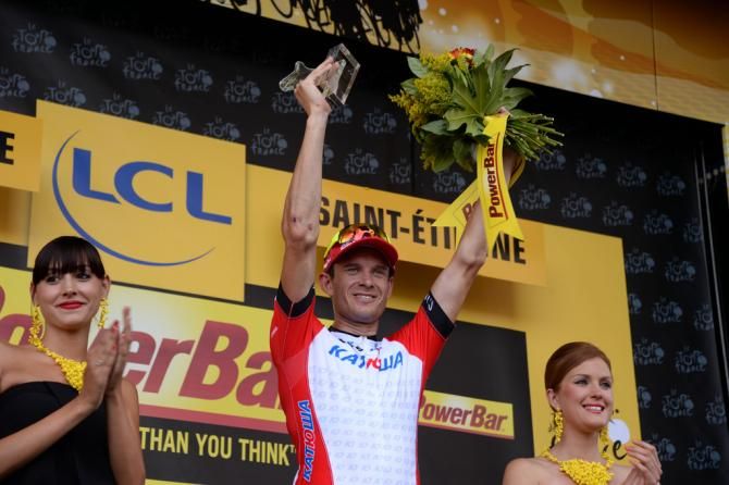 Alexander Kristoff (Katusha) celebrates his maiden Tour de France stage win
