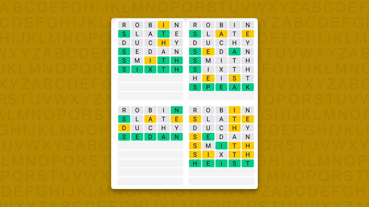 Quordle answers for game 1715 on a yellow background