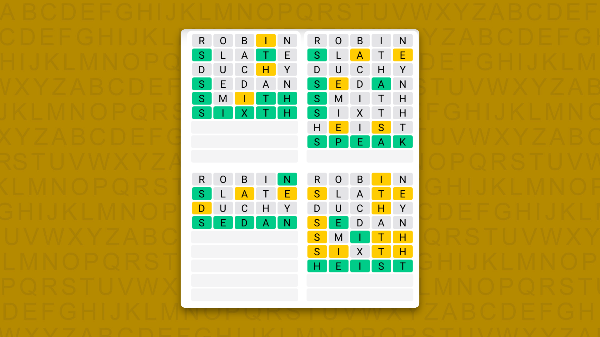 Quordle answers for game 1715 on a yellow background