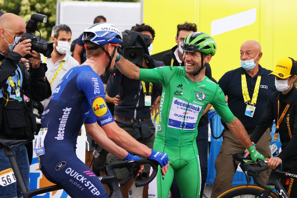 VALENCE FRANCE JULY 06 Tim Declercq of Belgium Mark Cavendish of The United Kingdom and Team Deceuninck QuickStep Green Points Jersey stage winner celebrates at arrival during the 108th Tour de France 2021 Stage 10 a 1907km stage from Albertville to Valence LeTour TDF2021 on July 06 2021 in Valence France Photo by Tim de WaeleGetty Images