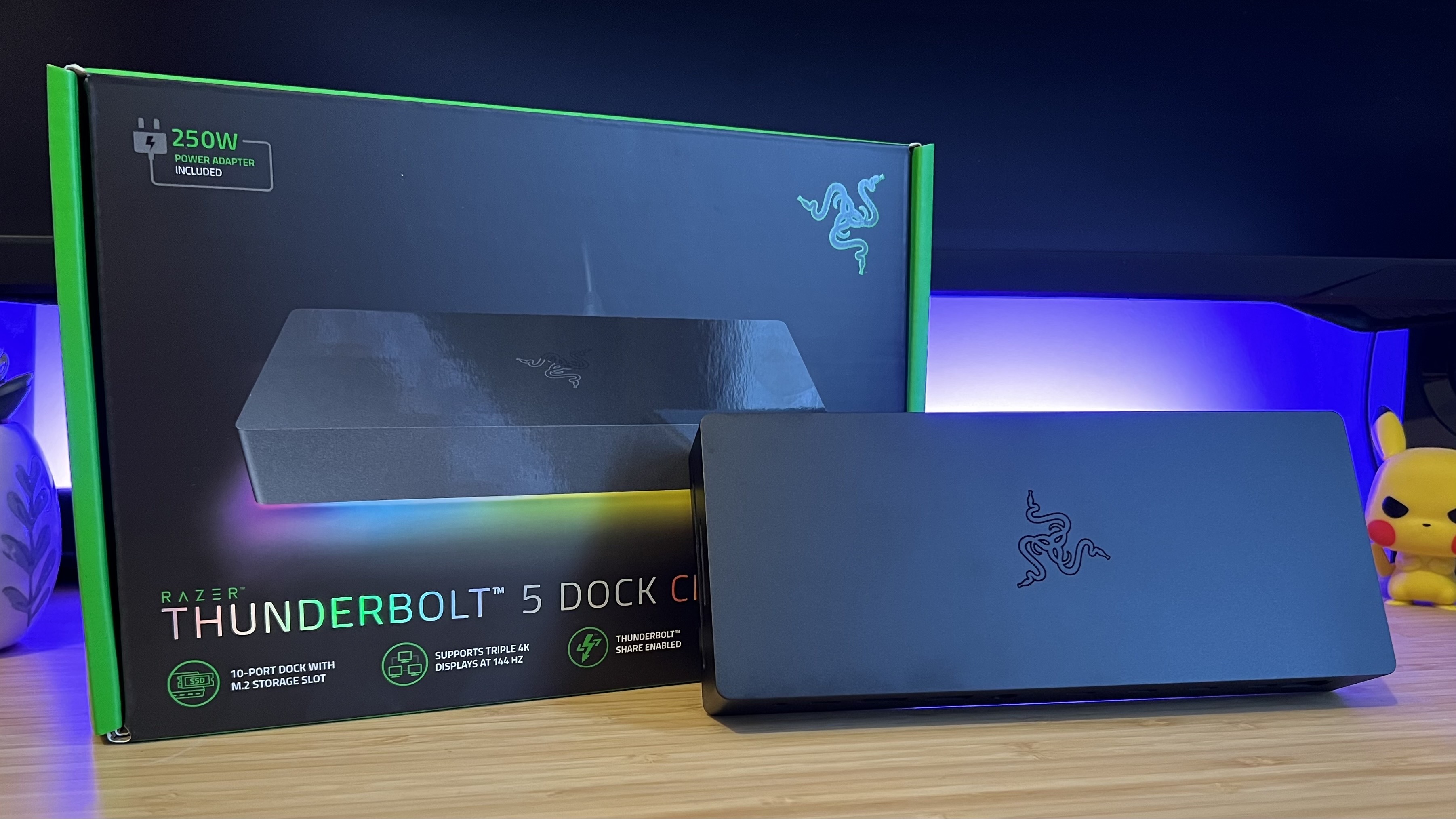 Razer Thunderbolt 5 Dock Chroma with packaging on a wooden desk
