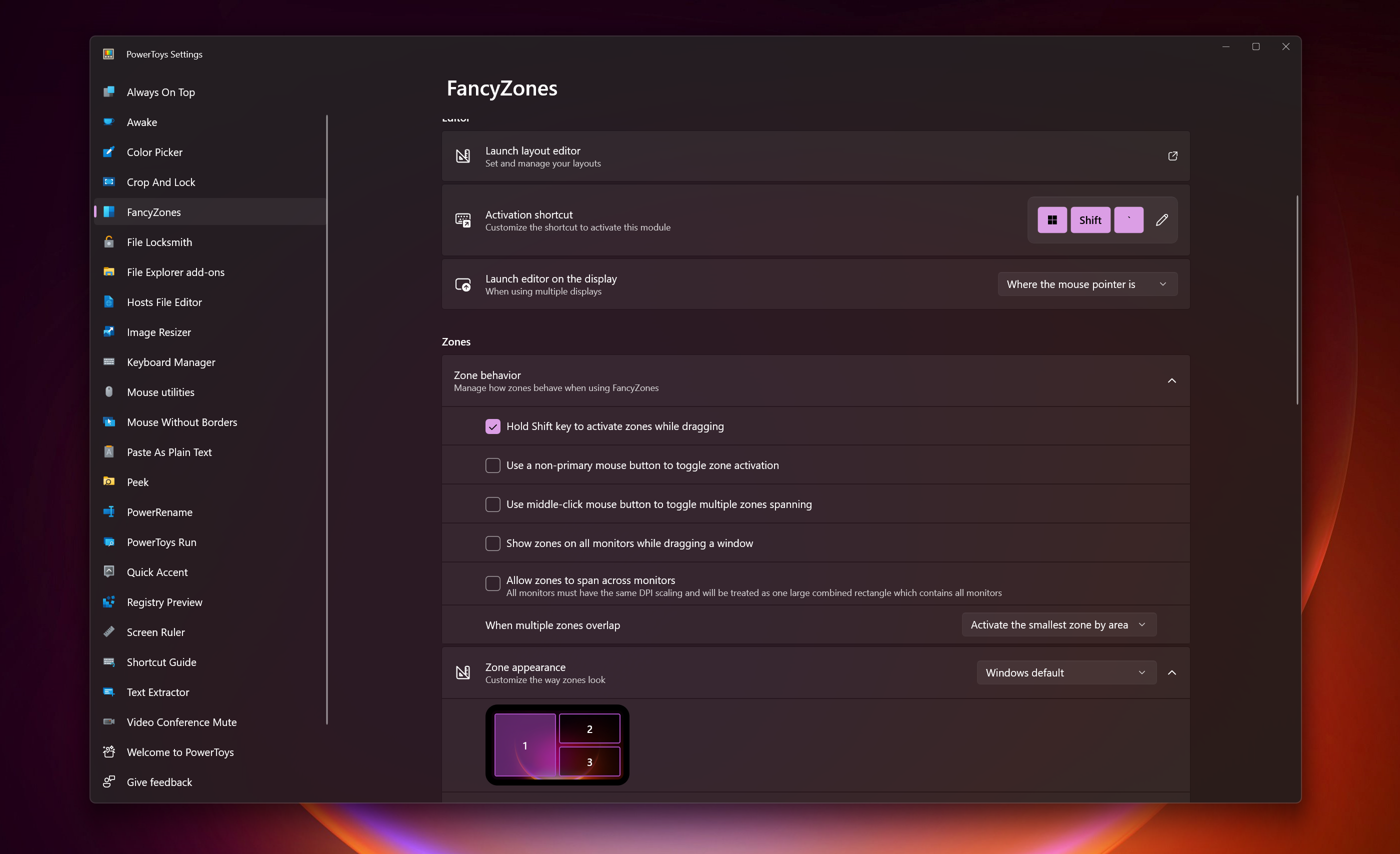 Microsoft PowerToys FancyZones-Einstellungsmenü