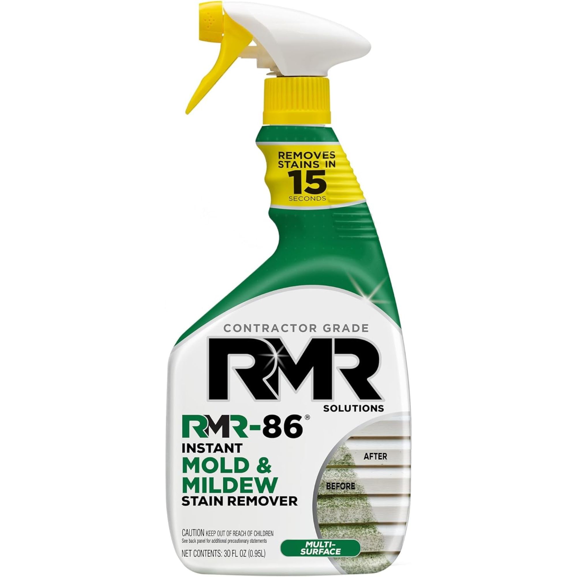 A green, white and yellow spray bottle of mold and mildew killer
