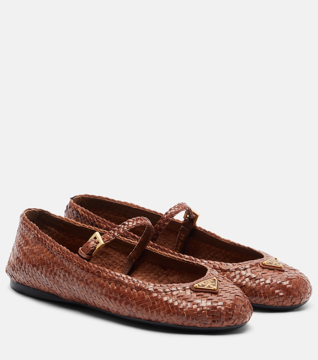 Woven Leather Mary Jane Flats in Brown - Prada