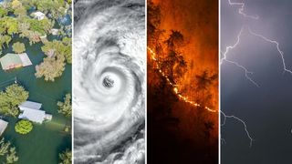 4 panel image showing from left to right, flooding, hurricane, wildfires and lightning