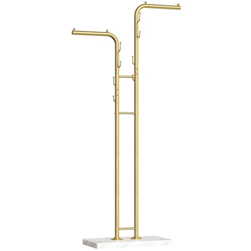 Yatiney Gold Coat Hanger Stand, Floor Standing Coat Rack, Entryway Coat Tree With 8 Hooks and Marble-Look Base, Modern Double-Pole Metal Clothes Rack for Entrance, Living Room, Bedroom, Ym02dwy1