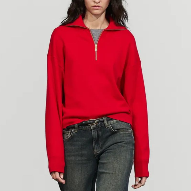 red zip front sweater