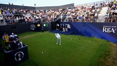 Matthew Baldwin plays the first tee shot at The Open 