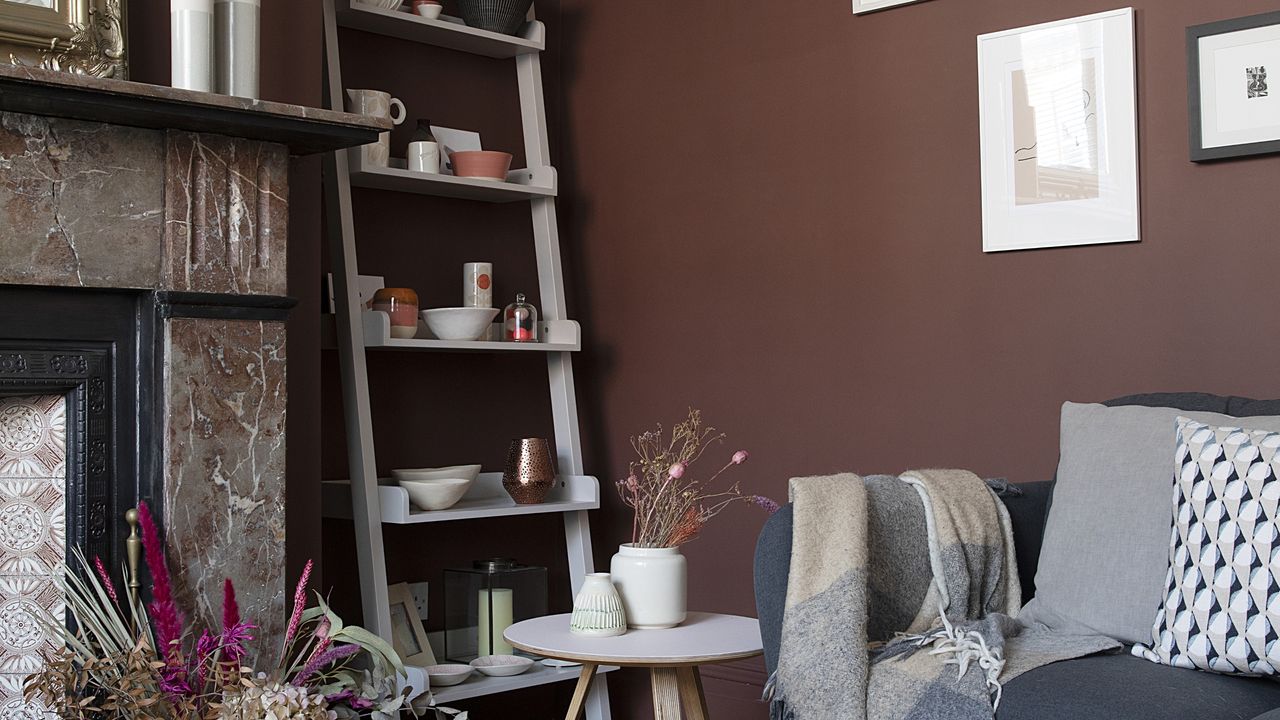 A brown-painted living room with a dark marble fireplace, a dark grey sofa and a leaning ladder shelf