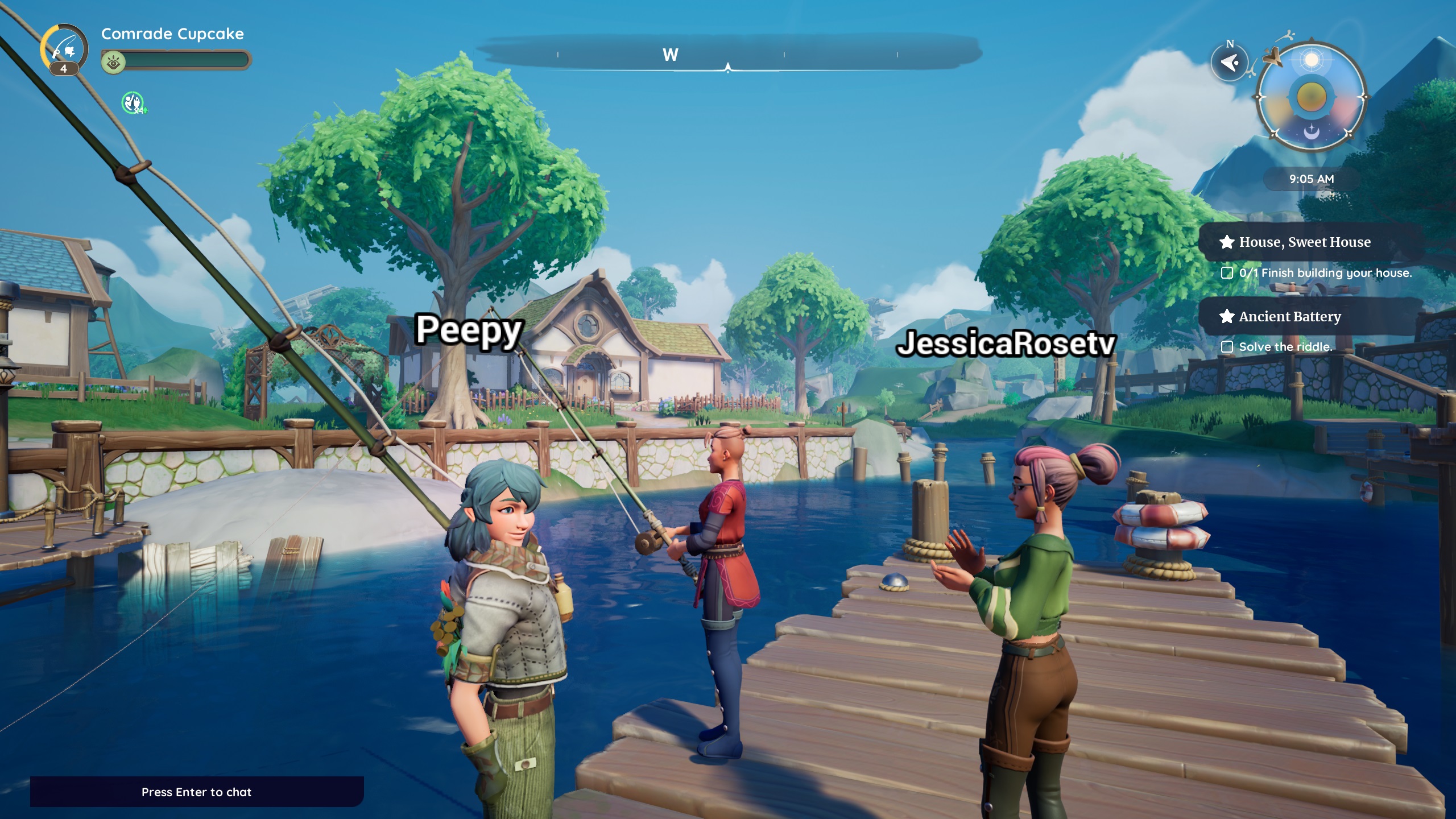 Palia - three players stand on a dock together, two fishing and one clapping