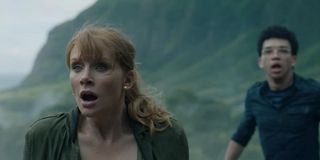 Jurassic World: Fallen Kingdom Bryce Dallas Howard and Justice Smith look shocked on the island