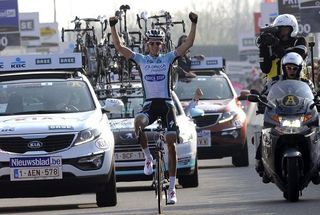 Niki Terpstra had nearly a minute on the chasers and had plenty of time to celebrate his Dwars door Vlaanderen victory