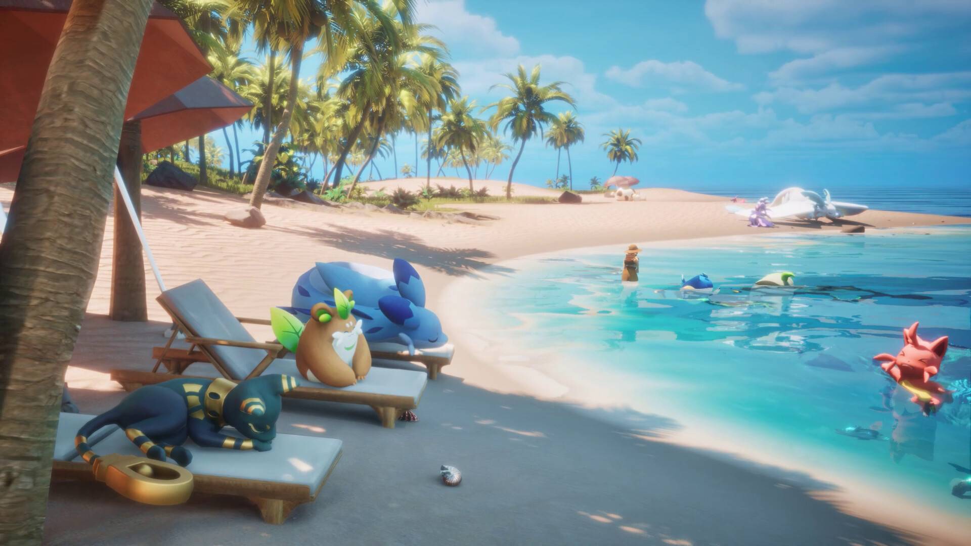 Palworld: Palfarm screenshot shows a group of Pals playing at a beach.