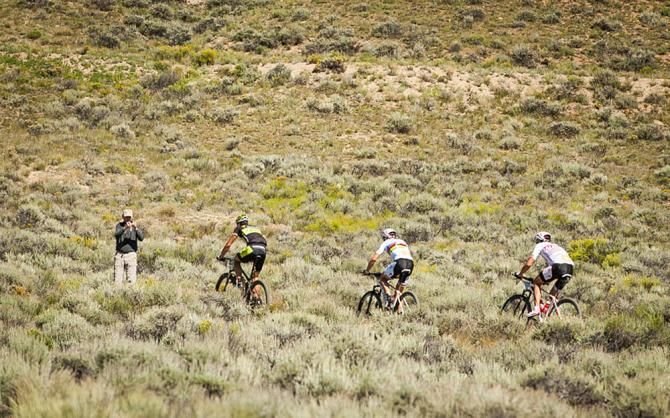 Alban Lakata (Topeak-Ergon), Christoph Sauser (Specialized), and Todd Wells (Specialized) making their way back to the Pipeline on the return to Leadville.