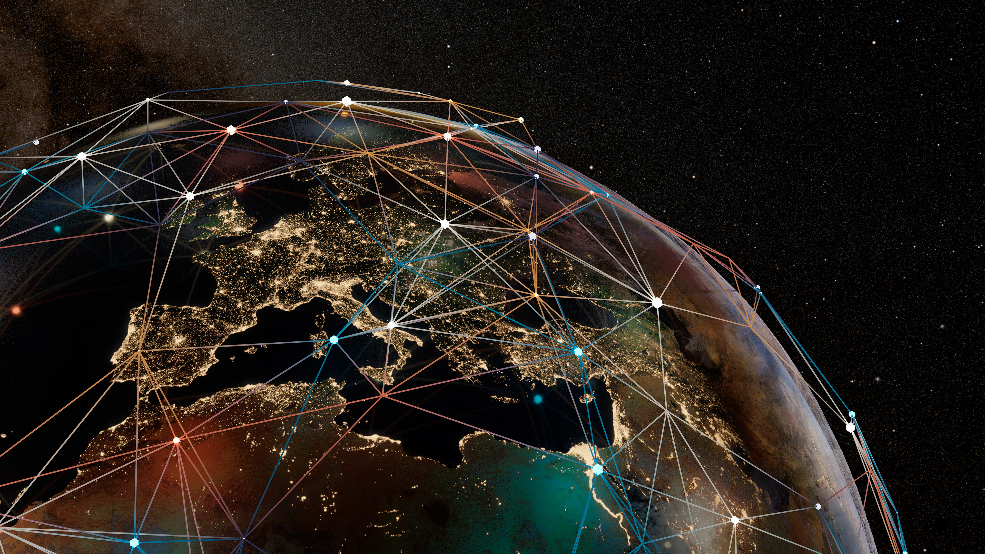 A digital representation of the globe with Europe, Africa and Asia visible and their cities lit up by lights at night. A digital grid above the globe connects countries to one another
