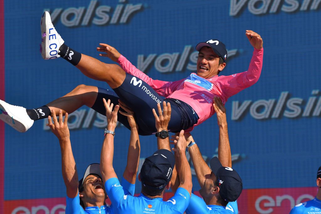 Movistar hoist Richard Carapaz in the air after his Giro win