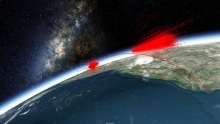 The red lines in this video screenshot are tracks of debris that Indian satellite MICROSAT-R may have produced when it struck the anti-satellite weapon placed in its path by India's military defense organization on March 27. The full video is a projection of what may have happened based on the available data.