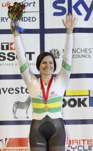 Anna Meares (Aus) on the top spot of the podium for the women's sprint.