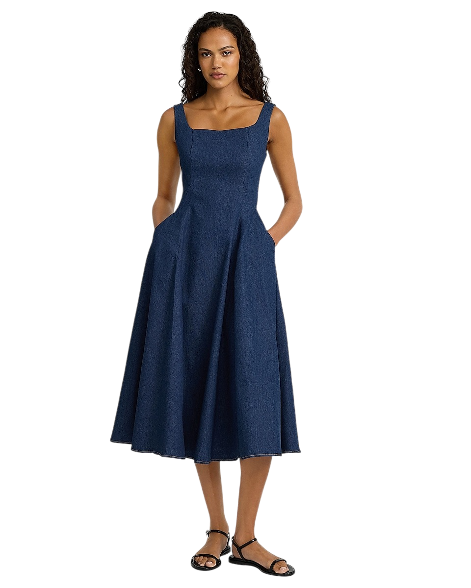 Express, Dark Wash Square Neck Midi Fit and Flare Denim Dress