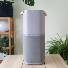 The AEG AX91-604GY Connected Air Purifier on a wooden table in a room with pale green walls and indoor plants