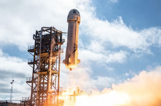 Liftoff of Blue Origin's New Shepard rocket on its twelfth suborbital mission to space and back from the company's West Texas launch site on Dec. 11, 2019. On board for this flight was the first batch of thousands of Club for the Future postcards.