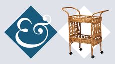 Rattan bar cart on a gray background with the Homes & Gardens logo in blue