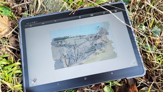 XPPen Magic Drawing Pad review; a digital watercolour on a tablet's screen in a field