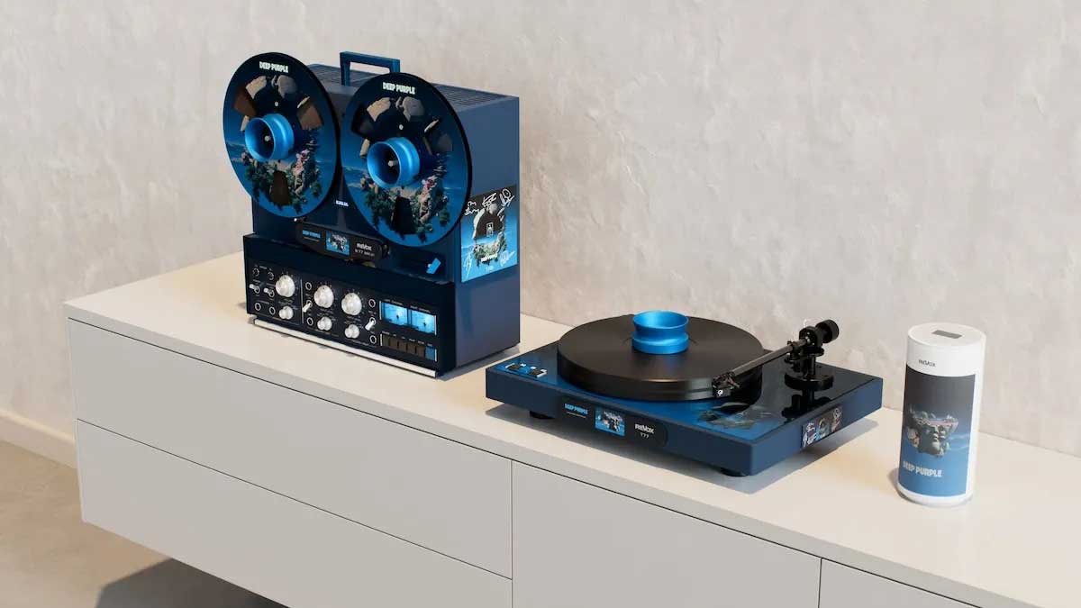 Revox's Deep Purple reel-to-reel player, turntable and speaker on a sideboard