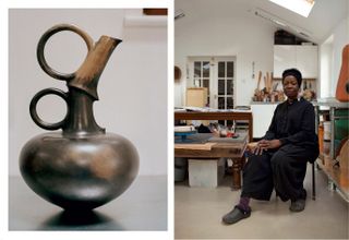 Untitled, 1990, burnished and carbonised terracotta by ceramic artist Magdalene Odundo, and a portrait of the artist in her Surrey studio