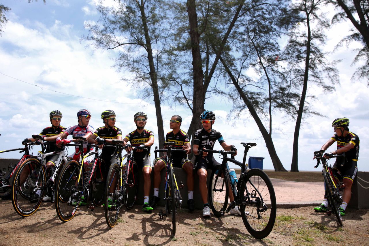 The Colombians in the race relax together ahead of the stage