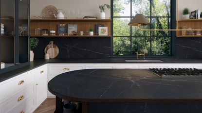 Dark engineered countertops in dark, contemporary kitchen with island